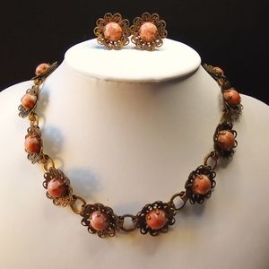 Vintage Rhodochrosite Choker Necklace and Earrings on Brass